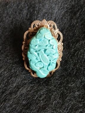 Jan Michaels Of San Francisco‎ Faux Turquoise Carved Bird Cameo Lace Bronze Ring